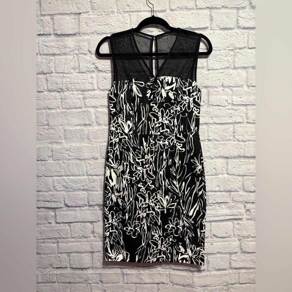 French Connection Black & White Floral Mesh Yoke Sheath Dress Size 6